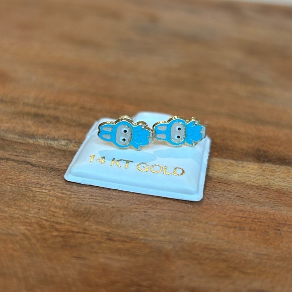 NWOT 14 KTS Solid Gold Blue Labubu Stud Earrings - Picture 2 of 4